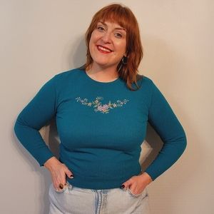 90s Nikki Teal with Floral Cross Stitch Sweater